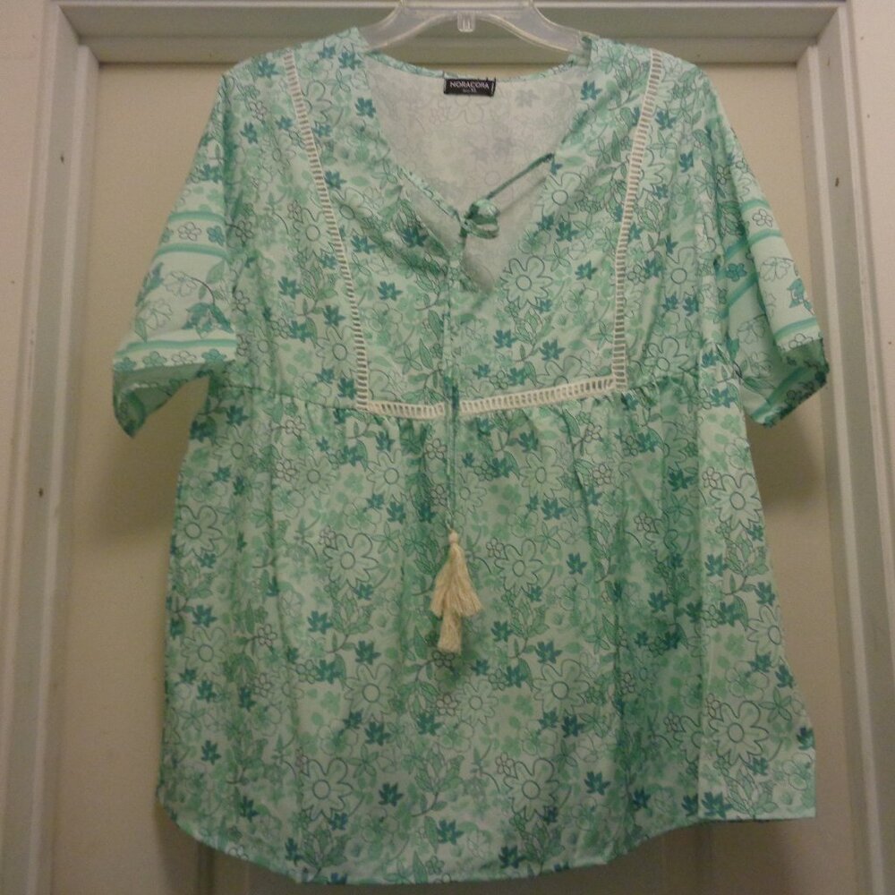WHITE LOTUS STYLED NWT GREEN FLORALS ROMANTIC BOHO LOOSE BLOUSE BY NORACORA X L